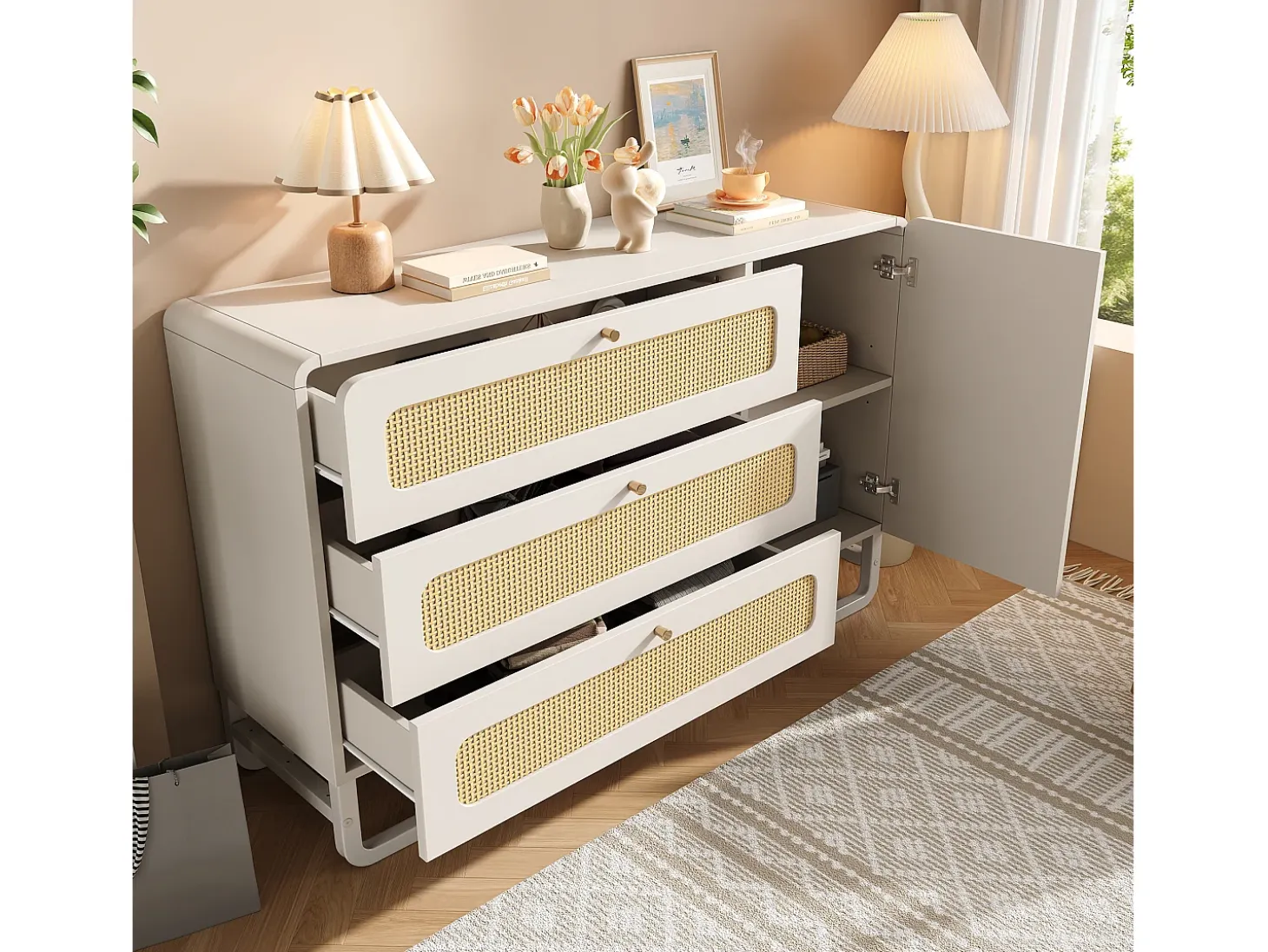 Buffet 120x40x85cm - con 3 cajones de ratán y 1 puerta de ratán - estilo rústico - tirador dorado - Blanco + Natural