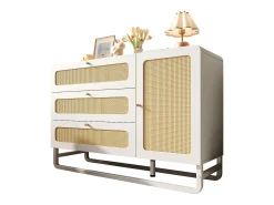 Buffet 120x40x85cm - con 3 cajones de ratán y 1 puerta de ratán - estilo rústico - tirador dorado - Blanco + Natural