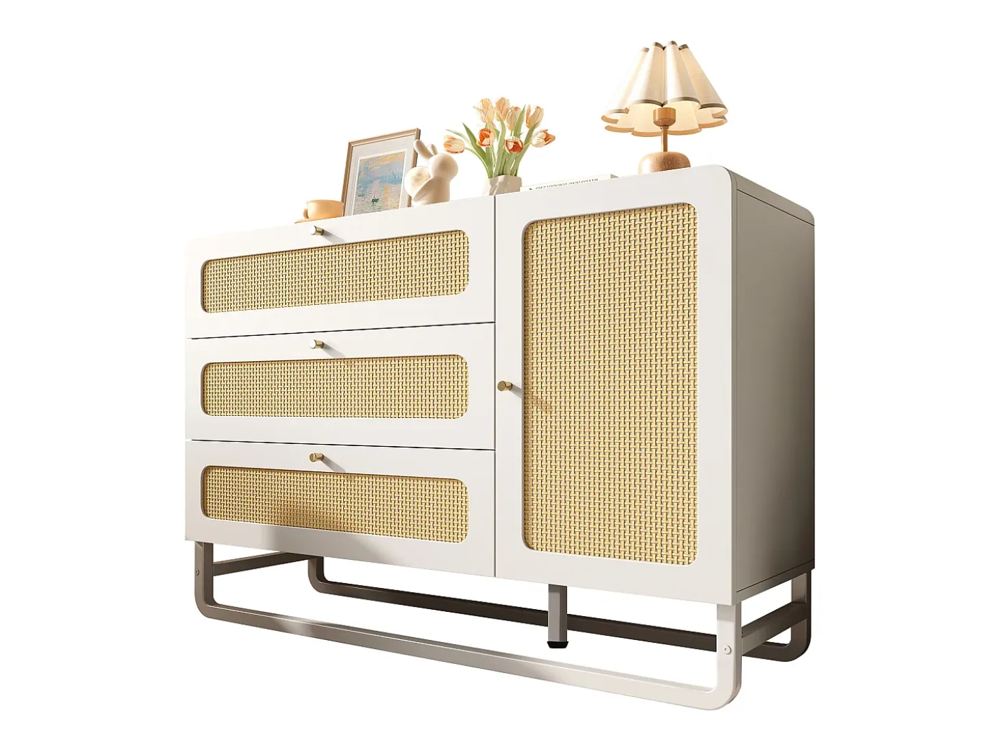 Buffet 120x40x85cm - con 3 cajones de ratán y 1 puerta de ratán - estilo rústico - tirador dorado - Blanco + Natural