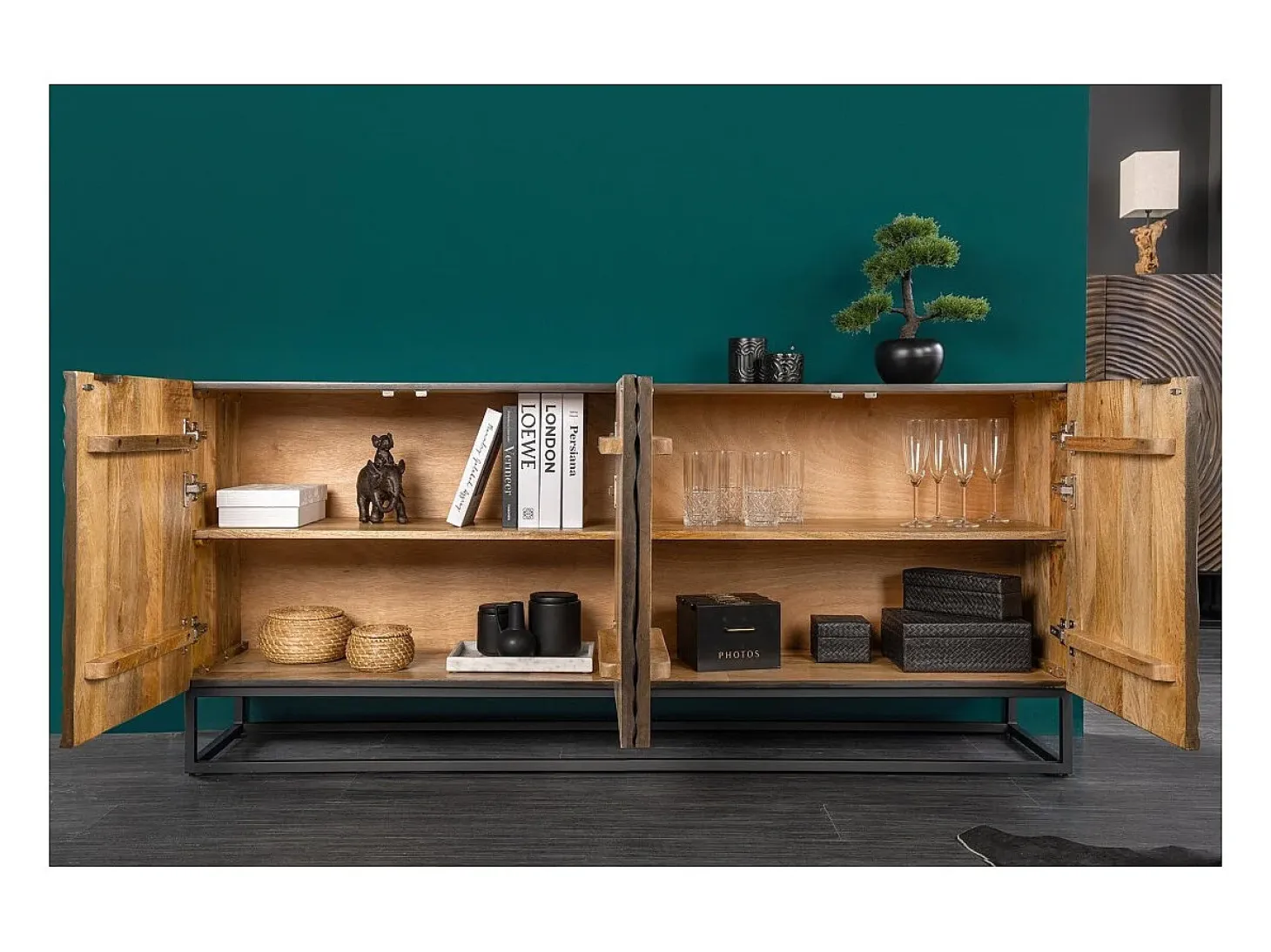 Buffet ZENWOOD 180 cm – Madera maciza tallada círculos concéntricos – 4 puertas