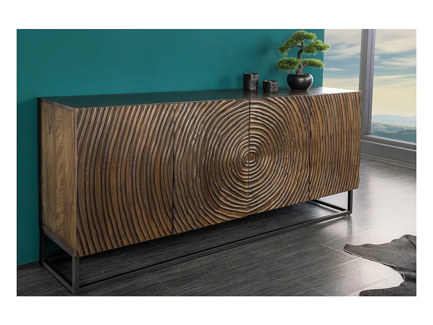 Buffet ZENWOOD 180 cm – Madera maciza tallada círculos concéntricos – 4 puertas