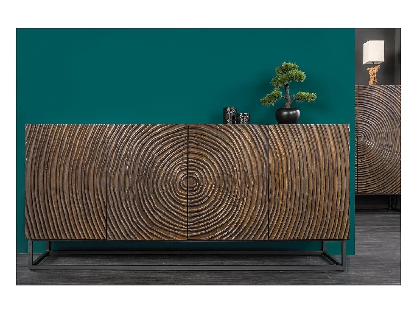 Buffet ZENWOOD 180 cm – Madera maciza tallada círculos concéntricos – 4 puertas