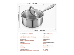 Cacerola SucceBuy en Acero Inoxidable 1,4 L, Cacerola con Tapa de Vidrio Y Mango Ergonomico, Antiadherente, Lavable en Lavavajillas, Utensilio de Cocina