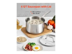 Cacerola SucceBuy en Acero Inoxidable 3,8 L, Cacerola con Tapa de Vidrio Y Mango Ergonomico, Antiadherente, Lavable en Lavavajillas, Utensilio de Cocina