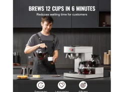 Cafetera de Filtro SucceBuy Comercial 12 Tazas con 3 Jarras y 3 Placas Calefactoras, Toma de Agua Automática para Restaurante, Oficina, Cafetería