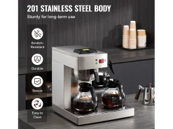 Cafetera de Filtro SucceBuy Comercial 12 Tazas con 3 Jarras y 3 Placas Calefactoras, Toma de Agua Automática para Restaurante, Oficina, Cafetería