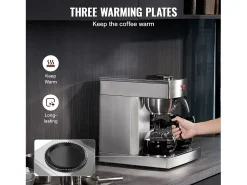 Cafetera de Filtro SucceBuy Comercial 12 Tazas con 3 Jarras y 3 Placas Calefactoras, Toma de Agua Automática para Restaurante, Oficina, Cafetería