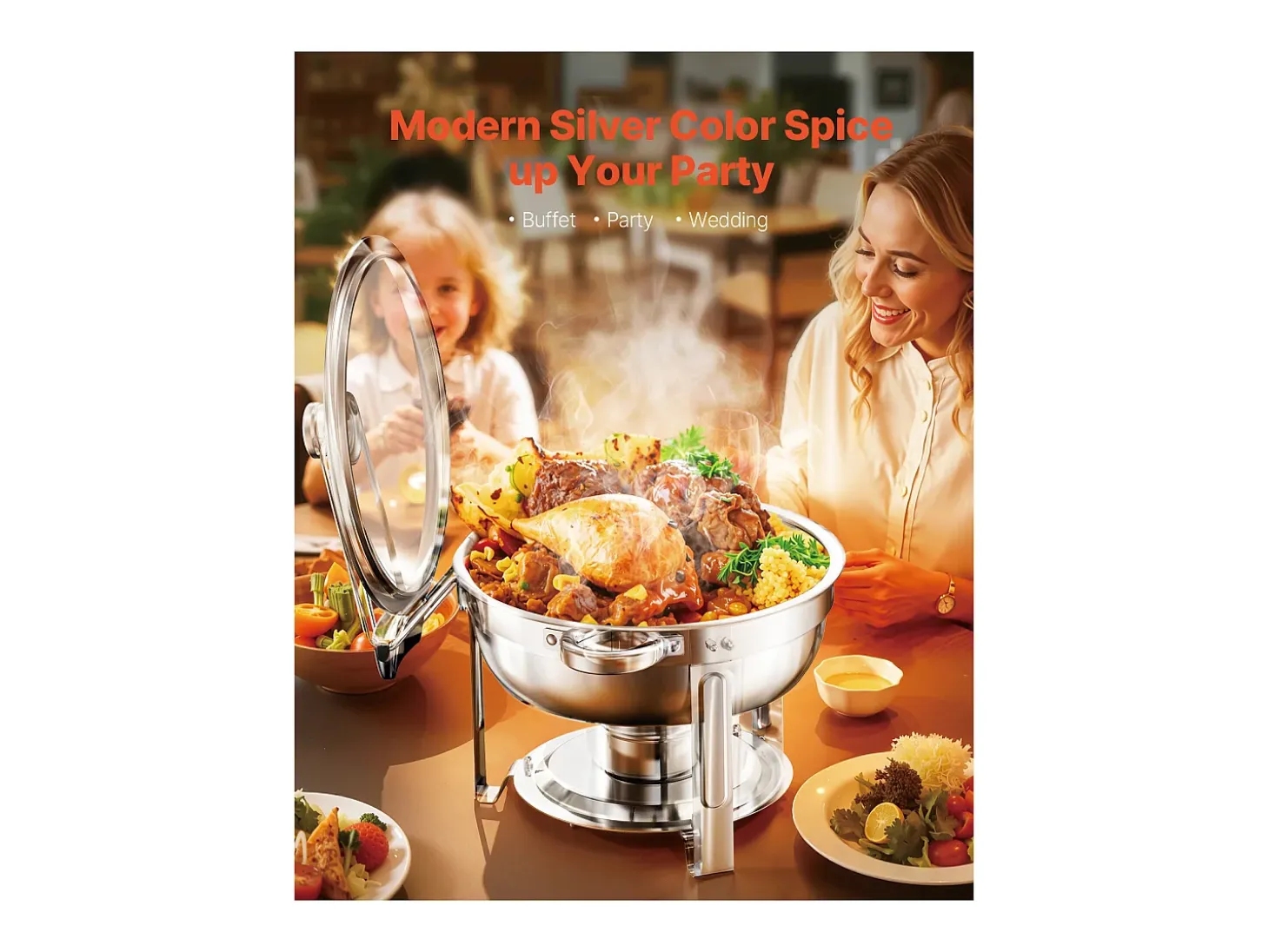 Calentadores de Comida SucceBuy Juego de Calientaplatos Buffet de 4.7 L, Juego de 4 Calientaplatos de Acero Inoxidable con Bandejas Grandes, Calentador Redondo