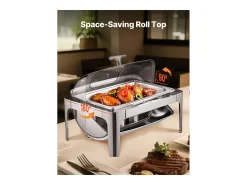 Calentadores de Comida SucceBuy Juego de Calientaplatos Rectangular de Acero Inoxidable de 8.5 L con Tapa Enrollable y 2 Bandejas Medianas
