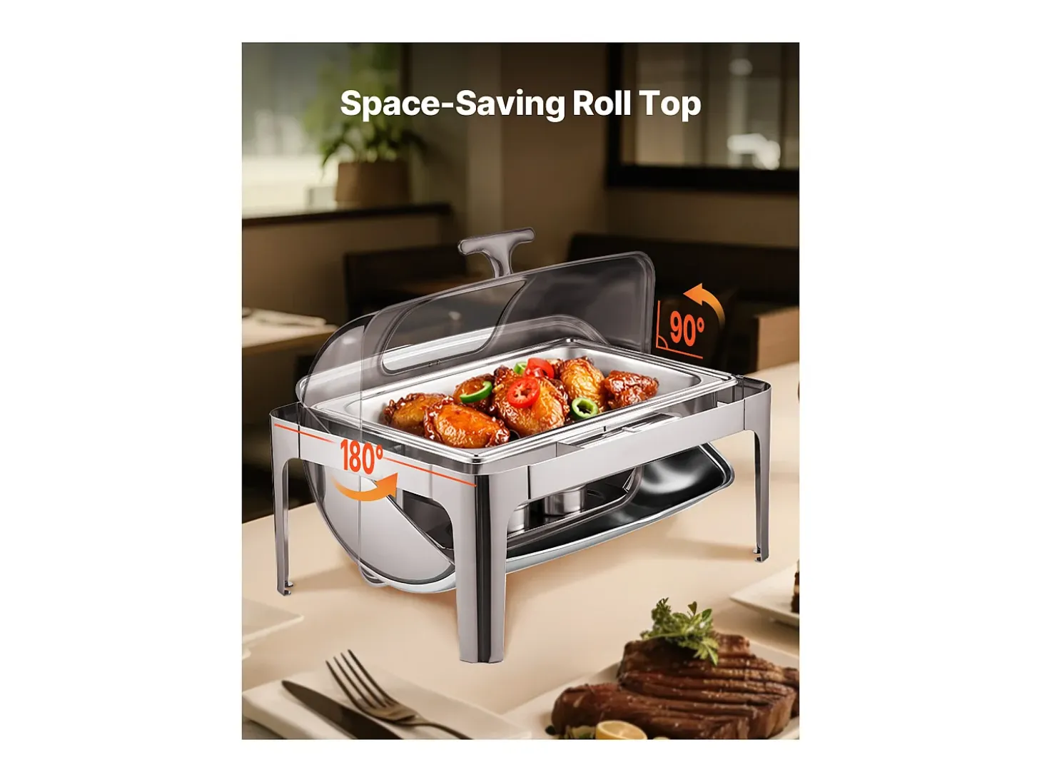 Calentadores de Comida SucceBuy Juego de Calientaplatos Rectangular de Acero Inoxidable de 8.5 L con Tapa Enrollable y 2 Bandejas Medianas