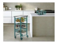 Carrito auxiliar FIFTY-FIFTY con 3 cestas metálicas, encimera de acero inoxidable y ruedas. Diseño moderno y funcionalidad