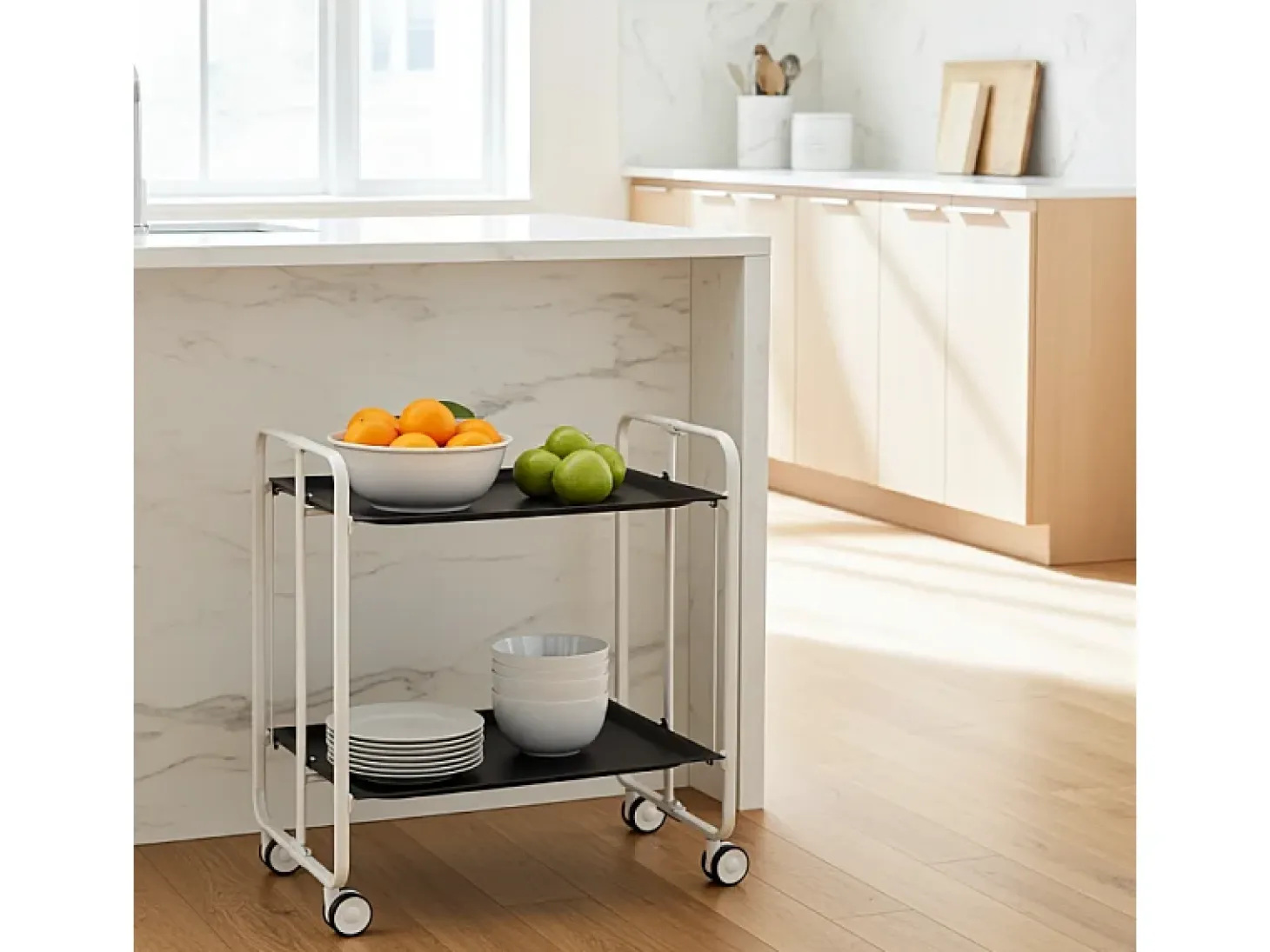 Carrito auxiliar plegable con ruedas - Estructura metálica blanca, 2 estantes negros laminados – 72*66*43 cm - BAUHAUS