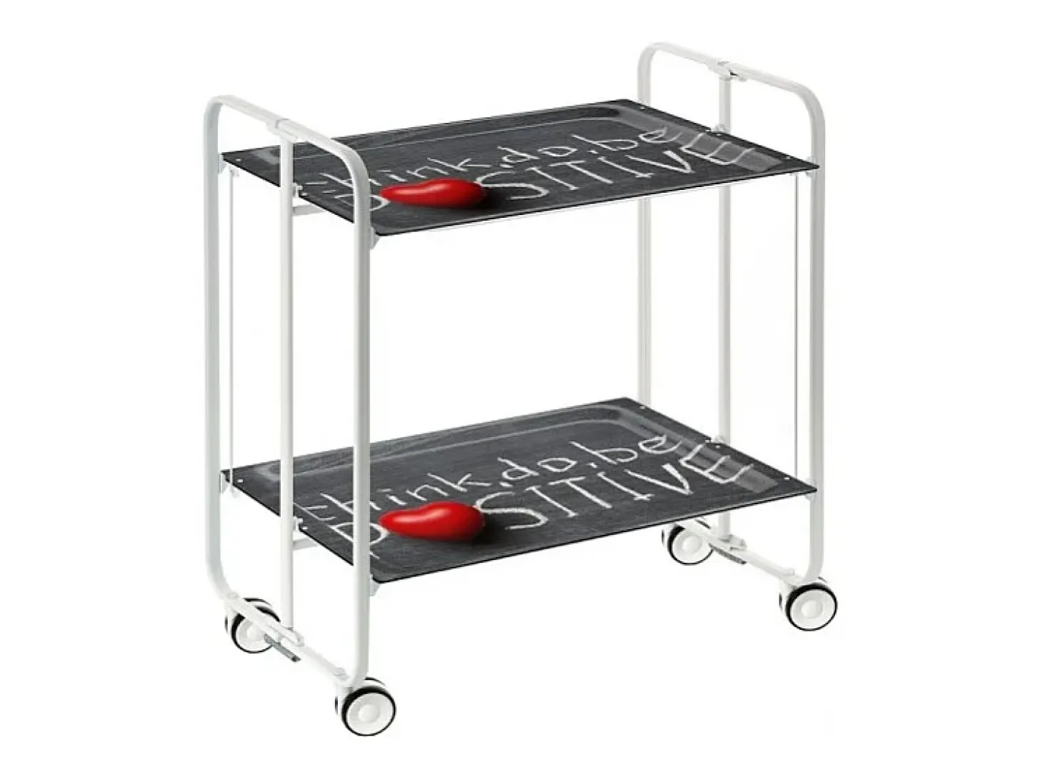Carrito auxiliar plegable con ruedas - Estructura metálica blanca, 2 estantes laminados Decorado Think, do, be positive – 72*66*43 cm - BAUHAUS