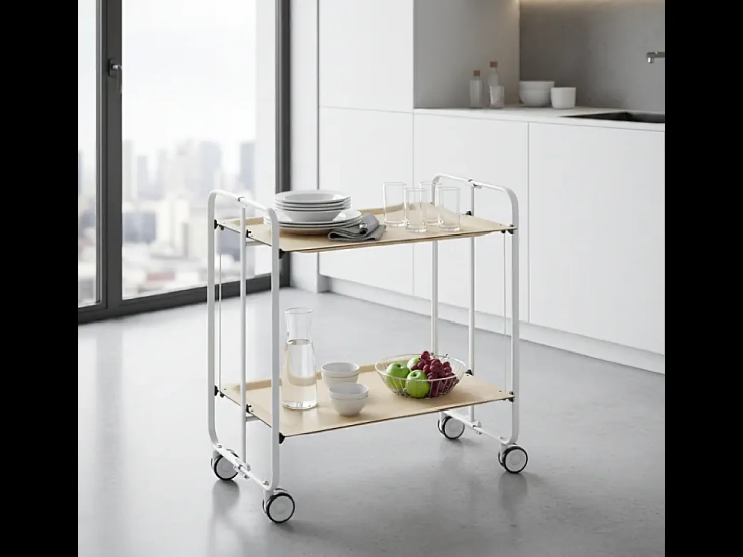 Carrito auxiliar plegable con ruedas - Estructura metálica gris, 2 estantes laminados color Haya – 72*66*43 cm - BAUHAUS