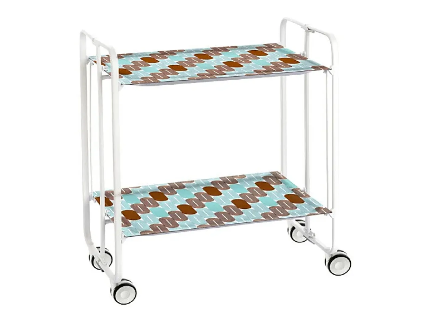 Carrito auxiliar plegable con ruedas - Estructura metálica blanca, 2 estantes laminados Decorado Óvalos turquesa y marrón – 72*66*43 cm - BAUHAUS