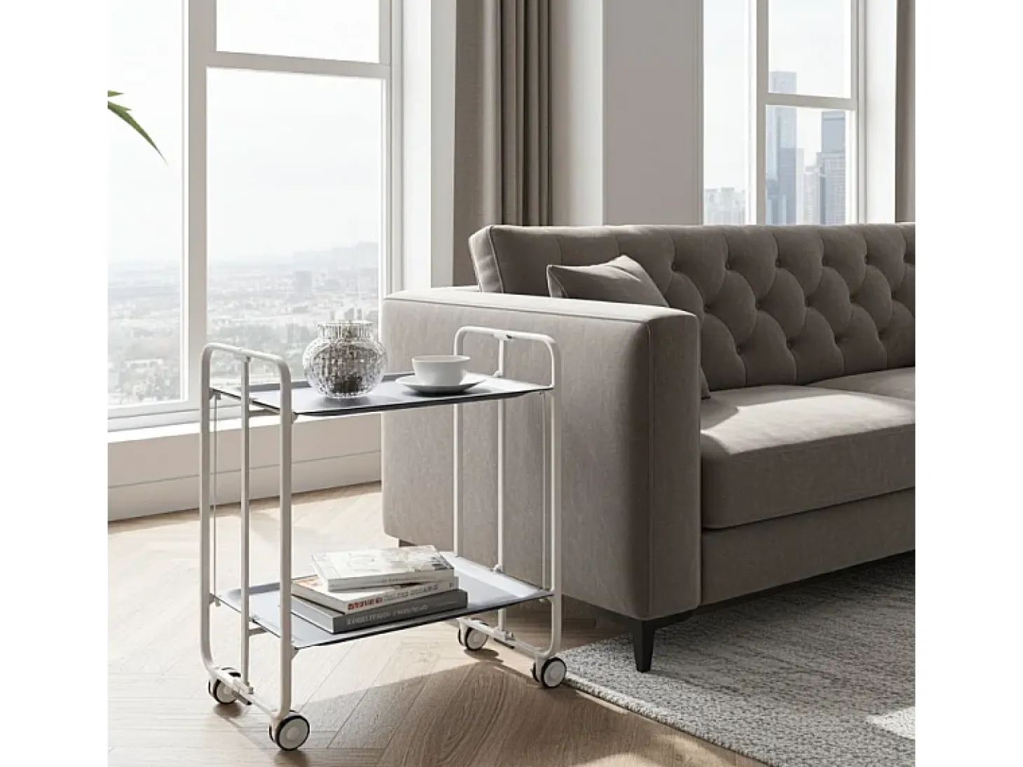 Carrito auxiliar plegable con ruedas - Estructura metálica blanca, 2 estantes gris laminados – 72*66*43 cm - BAUHAUS