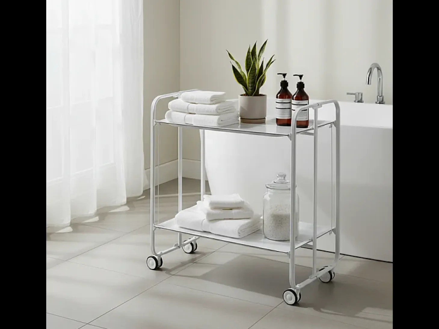 Carrito auxiliar plegable con ruedas - Estructura metálica blanca, 2 estantes blancos laminados – 72*66*43 cm - BAUHAUS