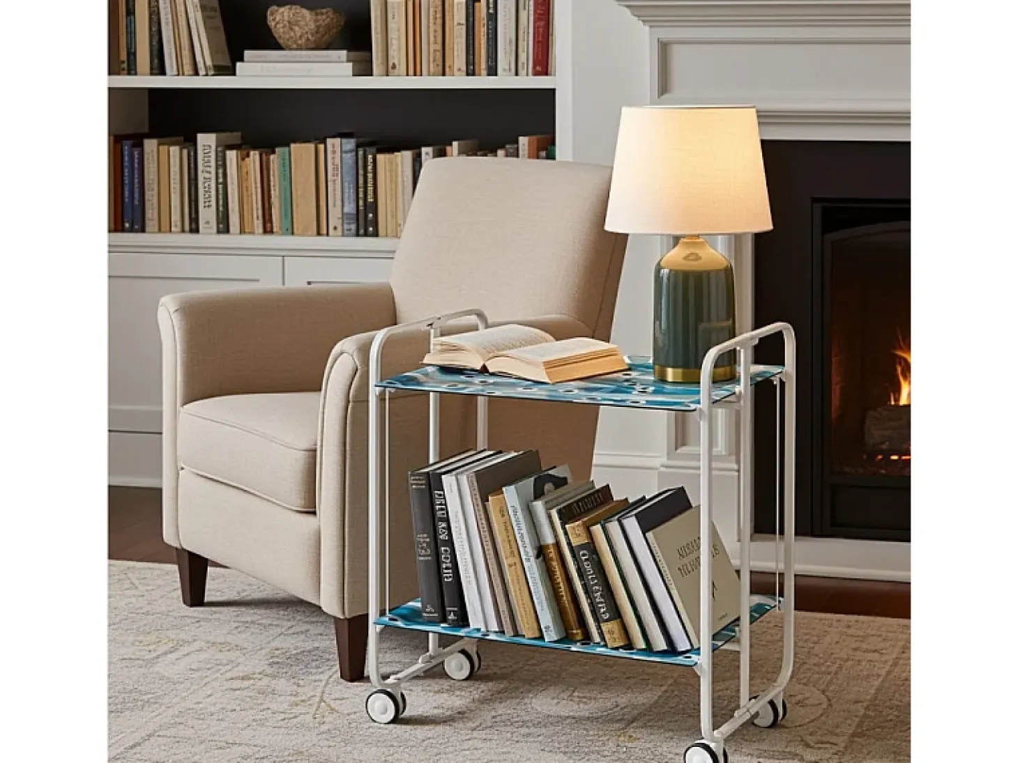 Carrito auxiliar plegable con ruedas - Estructura metálica blanca, 2 estantes laminados Decorado Peces azules – 72*66*43 cm - BAUHAUS