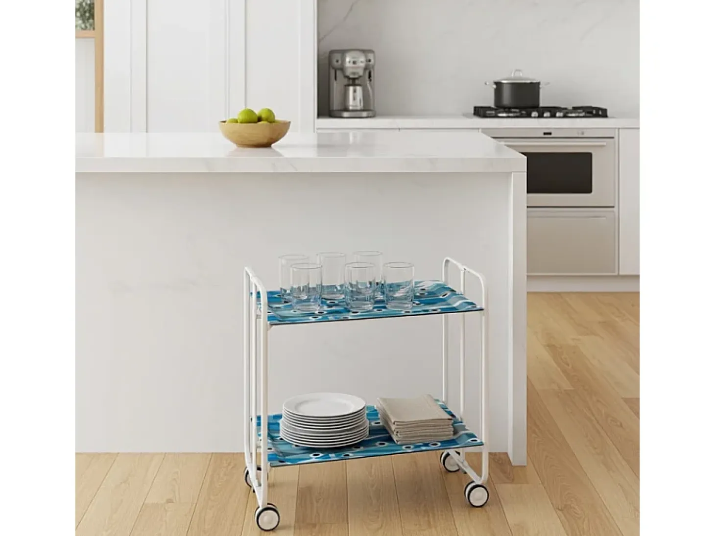 Carrito auxiliar plegable con ruedas - Estructura metálica blanca, 2 estantes laminados Decorado Peces azules – 72*66*43 cm - BAUHAUS