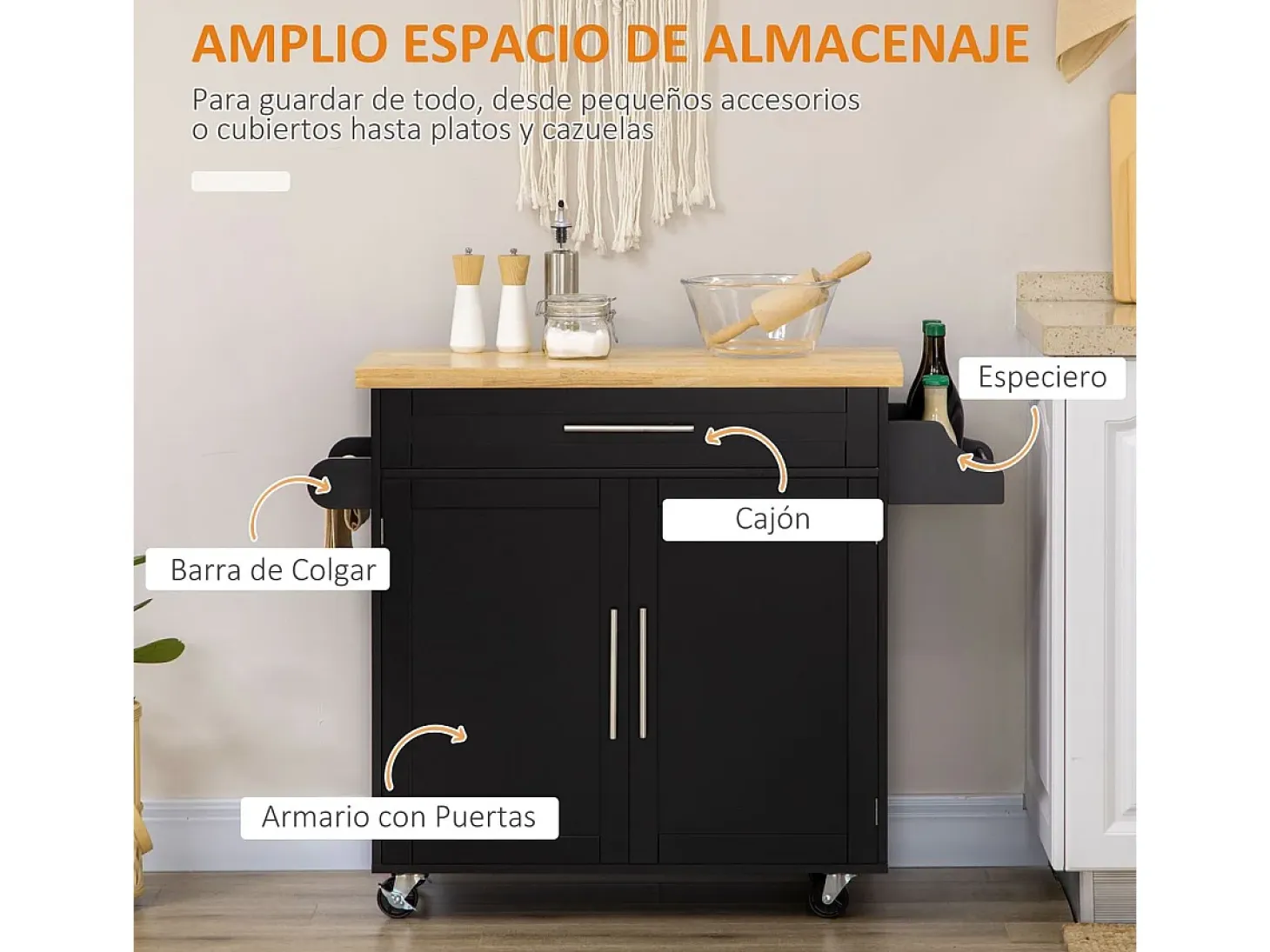 Carrito auxiliar Tea Homcom con ruedas negro 89x109x40 cm