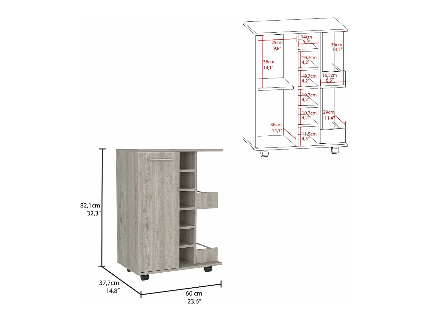 Carrito de Bar con botellero y ruedas , 82.09 cm X 59.99 cm X 37.49 cm , Ceniza