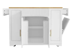 Carrito de cocina blanco con 2 puertas, 3 cajones y compartimento para basura, tiradores de metal, superficie con veta de madera.