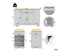 Carrito de cocina blanco con 2 puertas, 3 cajones y compartimento para basura, tiradores de metal, superficie con veta de madera.