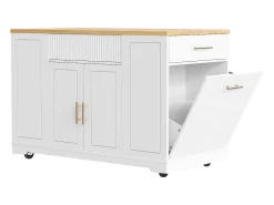 Carrito de cocina blanco con 2 puertas, 3 cajones y compartimento para basura, tiradores de metal, superficie con veta de madera.