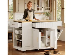 Carrito de cocina blanco con 2 puertas, 3 cajones y compartimento para basura, tiradores de metal, superficie con veta de madera.
