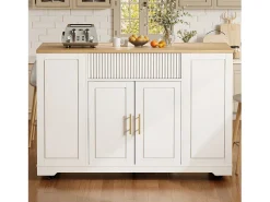 Carrito de cocina blanco con 2 puertas, 3 cajones y compartimento para basura, tiradores de metal, superficie con veta de madera.