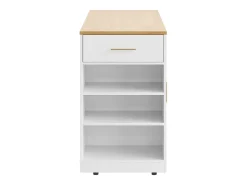 Carrito de cocina blanco con 2 puertas, 3 cajones y compartimento para basura, tiradores de metal, superficie con veta de madera.