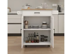 Carrito de cocina blanco con 2 puertas, cajón y toallero, tapa de madera