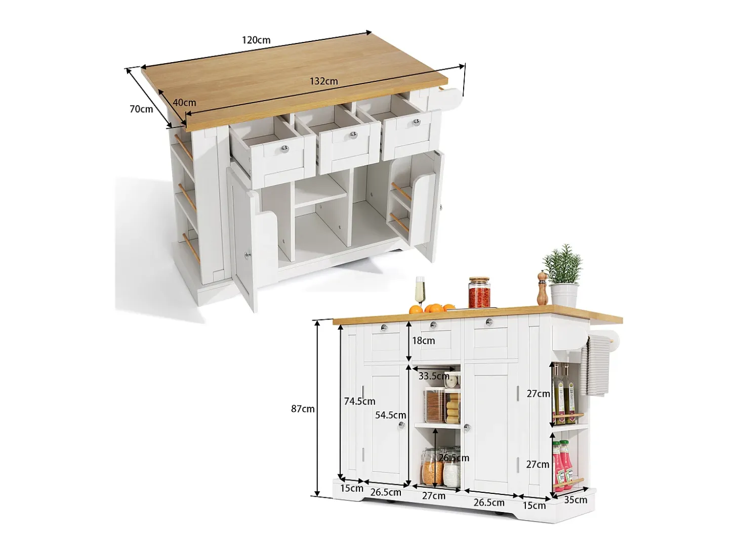Carrito de cocina blanco - Isla de cocina con 2 puertas y 3 cajones - Especiero y 5 ruedas - para cocina y comedor