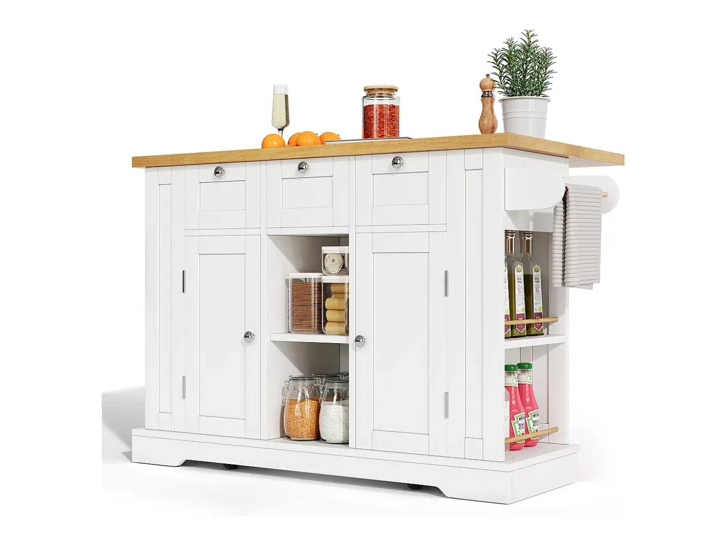 Carrito de cocina blanco - Isla de cocina con 2 puertas y 3 cajones - Especiero y 5 ruedas - para cocina y comedor