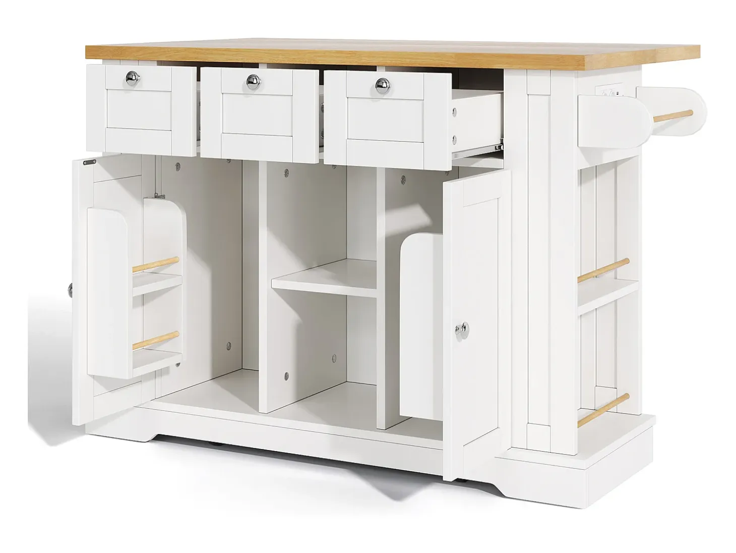 Carrito de cocina blanco - Isla de cocina con 2 puertas y 3 cajones - Especiero y 5 ruedas - para cocina y comedor