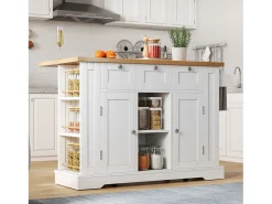 Carrito de cocina blanco - Isla de cocina con 2 puertas y 3 cajones - Especiero y 5 ruedas - para cocina y comedor