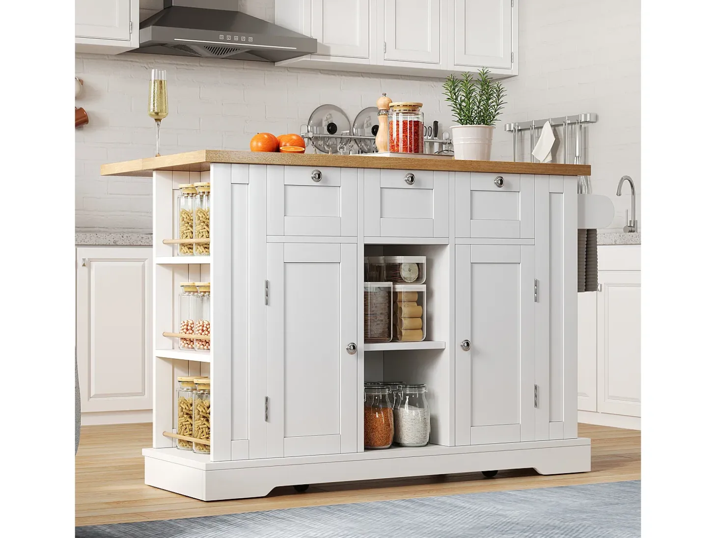 Carrito de cocina blanco - Isla de cocina con 2 puertas y 3 cajones - Especiero y 5 ruedas - para cocina y comedor