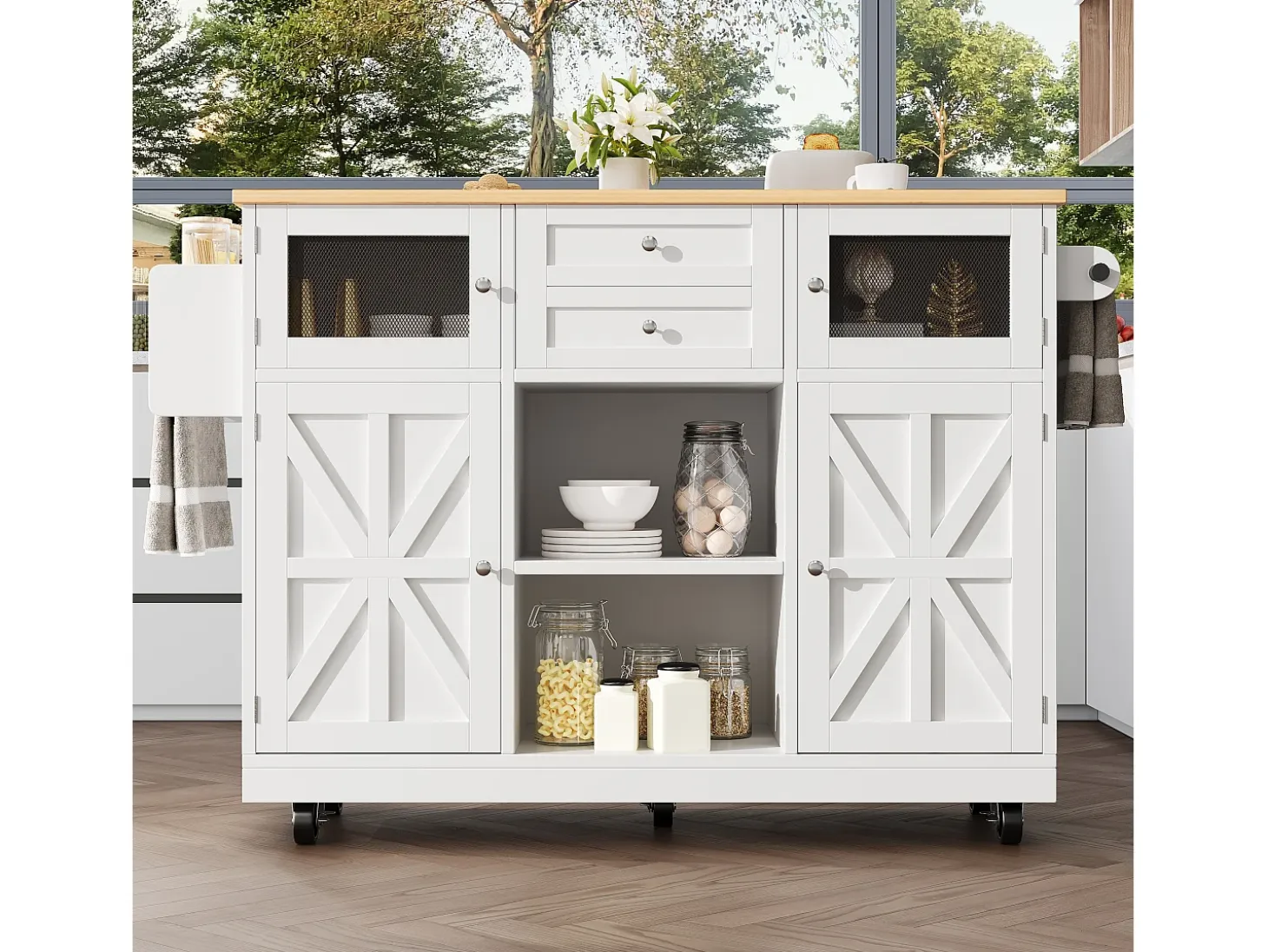 Carrito de cocina blanco con encimera de madera, toallero y estantes ajustables