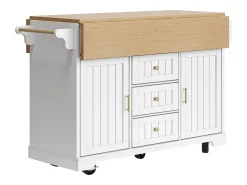 Carrito de cocina blanco con tapa abatible - Isla central con 2 puertas y 3 cajones - Toallero y especiero