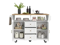Carrito de cocina blanco con tapa abatible - Isla central con 2 puertas y 3 cajones - Toallero y especiero