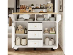 Carrito de cocina blanco con tapa abatible - Isla central con 2 puertas y 3 cajones - Toallero y especiero