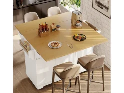Carrito de cocina blanco con tapa abatible - Isla central con 2 puertas y 3 cajones - Toallero y especiero