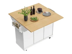 Carrito de cocina blanco con tapa abatible - Isla central con 2 puertas y 3 cajones - Toallero y especiero
