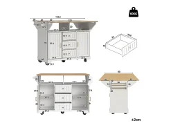 Carrito de cocina blanco con tapa abatible - Isla central con 2 puertas y 3 cajones - Toallero y especiero