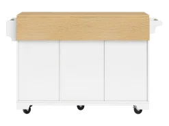Carrito de cocina blanco con tapa abatible - Isla central con 2 puertas y 3 cajones - Toallero y especiero