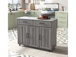 Carrito de cocina, Carrito de mesa 129x76x91,5cm, tapa abatible, estantes interiores, isla de cocina, blanco + gris caqui