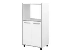 Carrito de cocina compacto 60 cm blanco mate 2 puertas + nicho con estante, espacio para microondas, patas de plástico, Made in France