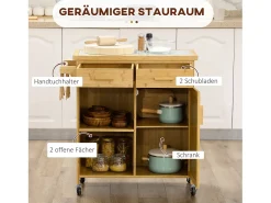 Carrito de cocina con cajón, estantes abiertos, toallero, bambú natural (84x36x85cm)