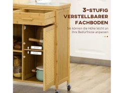 Carrito de cocina con cajón, estantes abiertos, toallero, bambú natural (84x36x85cm)