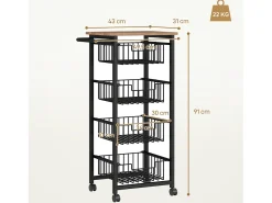 Carrito de cocina con encimera, 4 cestas metálicas, carro de oficina móvil, madera de arce, (49,5x31x91 cm)